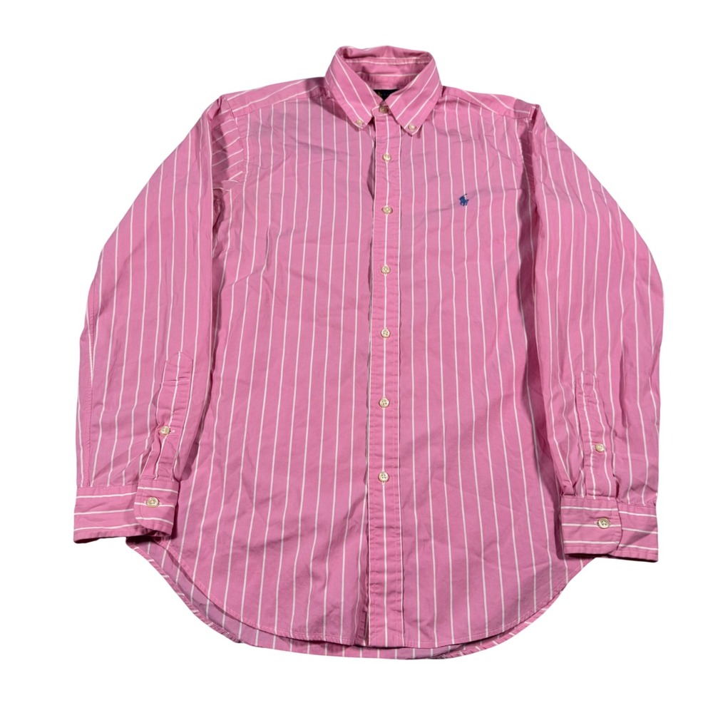 Ralph Lauren Button Down Shirt Mens S Pink White Striped Classic Fit Long Sleeve